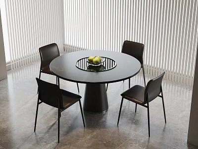 Modern Round Dining Table Set With Four Black Chairs Fruit Bowl And Window Blinds 3d model