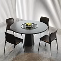 Modern Round Dining Table Set With Four Black Chairs Fruit Bowl And Window Blinds