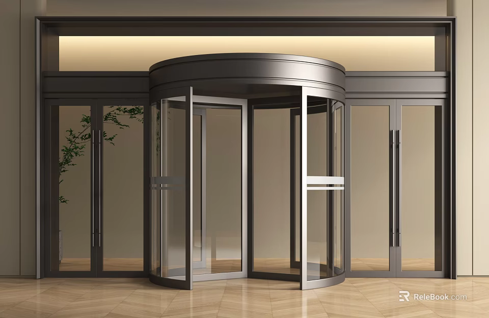 Modern Revolving Door With Metal Frame Glass Panels And Fixed Glass Doors In Indoor Setting 3d model 
