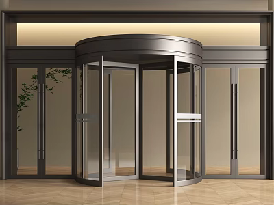 Modern Revolving Door With Metal Frame Glass Panels And Fixed Glass Doors In Indoor Setting 3d model