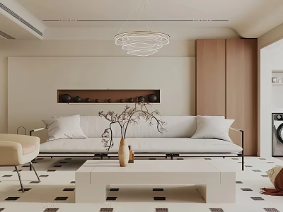 Modern Living Room Interior With White Sofa Wooden Cabinets And Round Pendant Light 3d model