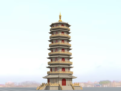 Traditional Chinese Multi story Pagoda With Red Doors Windows Golden Top And Stone Base 3d model