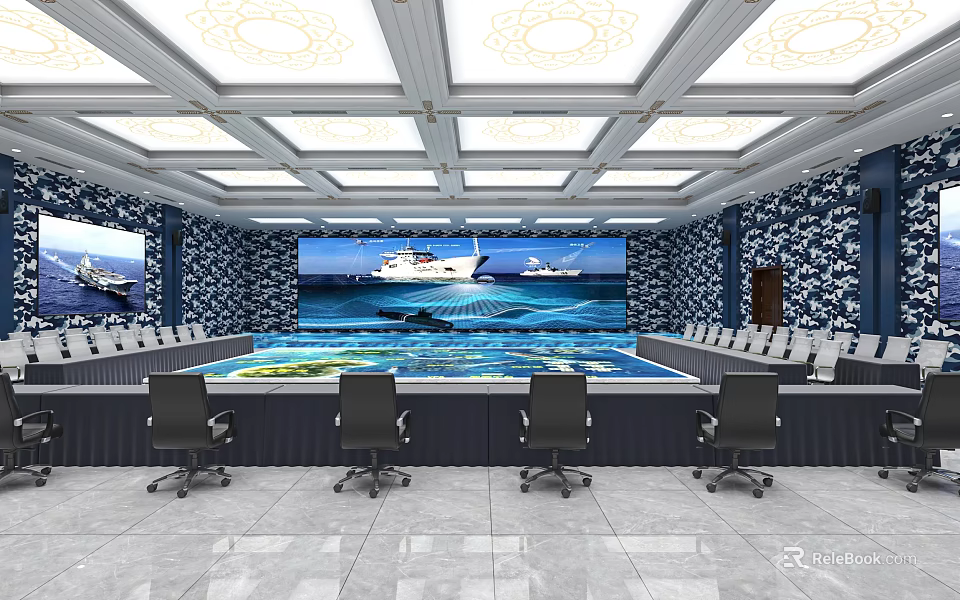 Modern Monitoring Room Interior With Large Display Screens Control Console And Chairs 3d model 