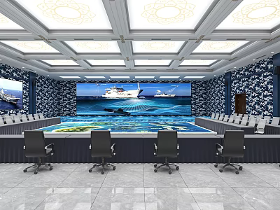 Modern Monitoring Room Interior With Large Display Screens Control Console And Chairs 3d model