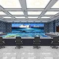 Modern Monitoring Room Interior With Large Display Screens Control Console And Chairs