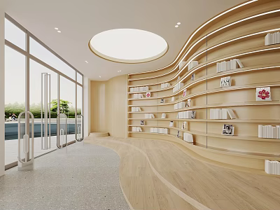 Modern Book Art Interior With Curved Wooden Bookshelves And Skylight 3d model
