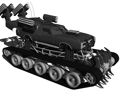 Black Armored Utility Vehicle With Tracked Chassis Weaponry And Front Spikes 3d model