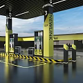 Modern Gas Station Exterior With Yellow Canopy Fuel Pumps And Cars