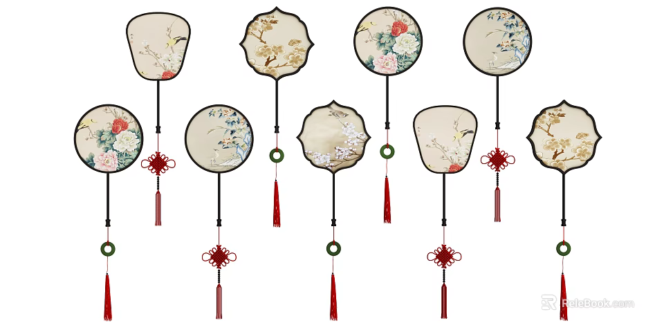 Traditional Chinese Circular Hanging Ornaments With Floral Bird Patterns And Tassels 3d model 