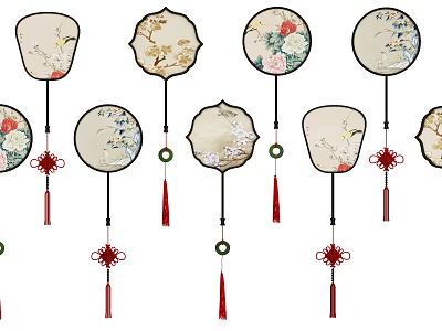 Traditional Chinese Circular Hanging Ornaments With Floral Bird Patterns And Tassels 3d model