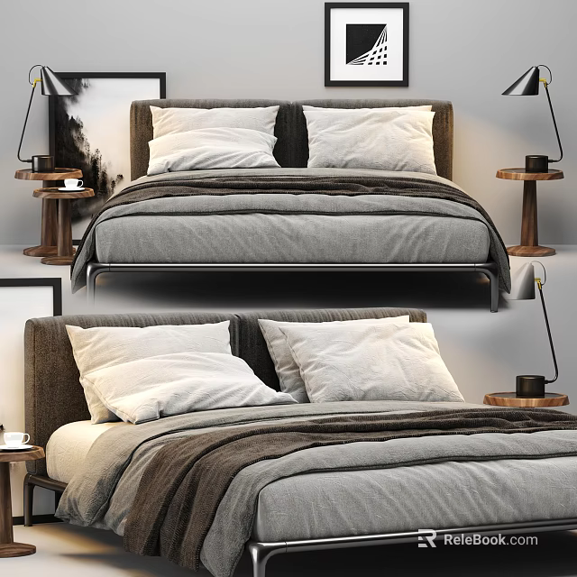 Modern Double Bed With White Pillows Gray Blanket And Wooden Side Tables Lamps 3d model 