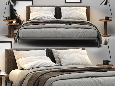 Modern Double Bed With White Pillows Gray Blanket And Wooden Side Tables Lamps 3d model