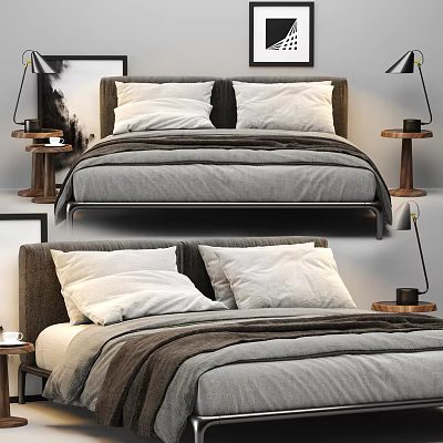 Modern Double Bed With White Pillows Gray Blanket And Wooden Side Tables Lamps 3d model