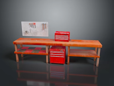 Wooden Workbench With Red Toolboxes And Tool Pegboard On Shelves 3d model