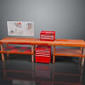 Wooden Workbench With Red Toolboxes And Tool Pegboard On Shelves