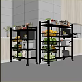 Black Metal Multi Tier Rolling Kitchen Storage Racks With Fruits Vegetables And Appliances