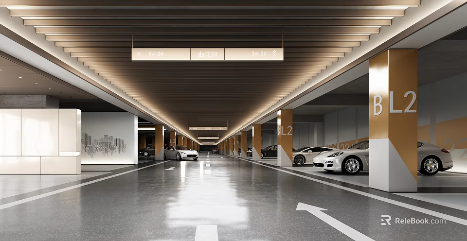 Modern Parking Garage with Parked Cars Wooden Strip Ceiling Direction Arrows on Floor Numbered Pillars 3d model 