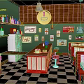 Retro Diner Scene With Green Walls Wooden Panels Red Booths Checkered Floor Vintage Posters Jukebox