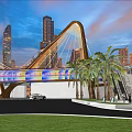 Illuminated Modern Curved Bridge With Colorful Panels Over Urban Road By Skyscrapers