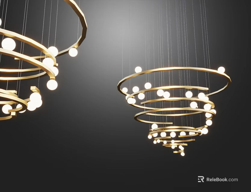 Golden Circular Chandeliers With Hanging White Bulbs On Black Background 3d model 