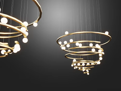 Golden Circular Chandeliers With Hanging White Bulbs On Black Background 3d model