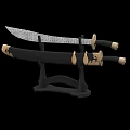 Various Traditional Swords as Weapons on Display Stands with Different Handle Designs and Sharp Blades