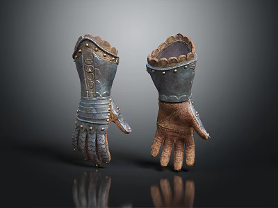 Pair of Medieval Leather Metal Gloves With Rivets Stitching And Armor Accents 3d model