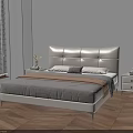 Modern Double Bed With Upholstered Headboard Gray Bedding And Wooden Parquet Floor