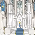 Religious Faith Inspired Church Interior With Gothic Arches Stained Glass And Blue Banners