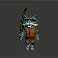 Cartoon Raccoon Character with Blue Sunglasses in Orange Outfit and Green Pouch Holding Black Gun