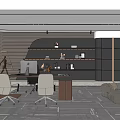 Modern Office Interior Design With Desk Chairs Shelves Lighting Gray Flooring And Lounge Sofa