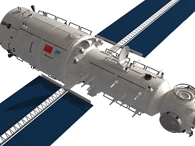 Detailed View Of Chinese Space Station Module With Solar Panels And Components 3d model
