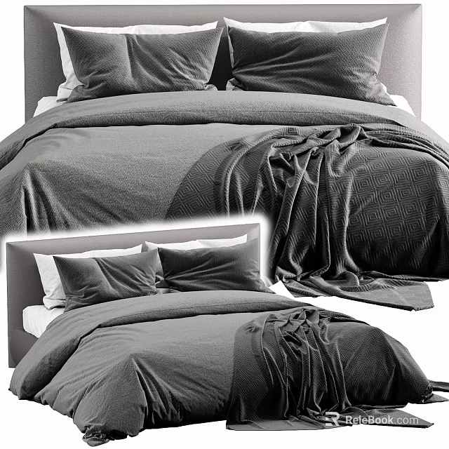 Modern Double Bed with Soft Gray Bedspread and Plush Pillows in Cozy Bedroom 3d model 