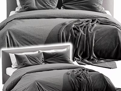 Modern Double Bed with Soft Gray Bedspread and Plush Pillows in Cozy Bedroom 3d model