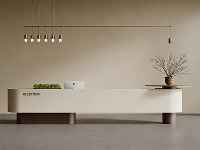 Modern White Bar Counter With Reception Sign Pendant Lights And Plants 3d model