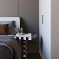 Modern Minimalist Bedroom Interior With Gray Bed Table Lamp Nightstand And White Curtains