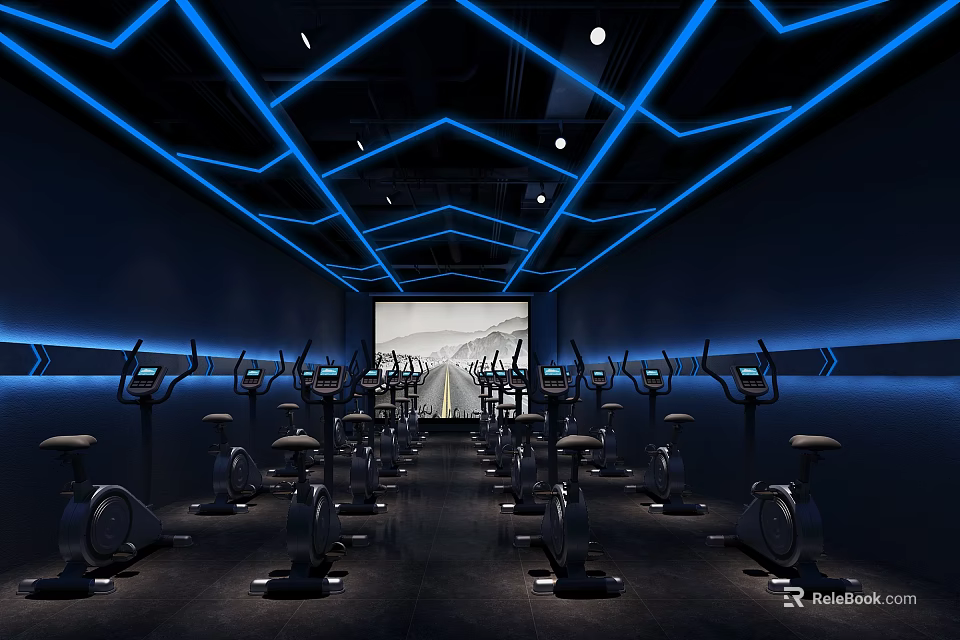 Modern Gym Interior With Spin Bikes Blue Neon Lighting Geometric Design And Large Screen 3d model 