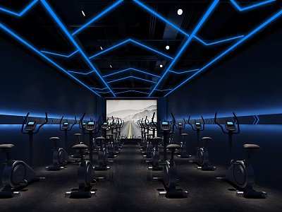 Modern Gym Interior With Spin Bikes Blue Neon Lighting Geometric Design And Large Screen 3d model