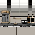 Modern Kitchen With Blinds Featuring Countertop Appliances Coffee Machine Timer And Bottles 3d model