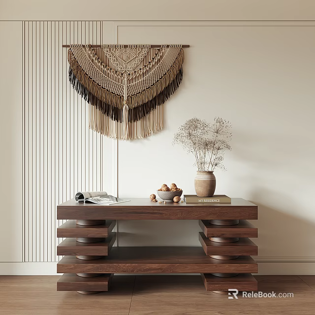 Modern Wooden Entryway Console Table with Macramé Hanging Dried Flowers Nut Bowl and Books 3d model 