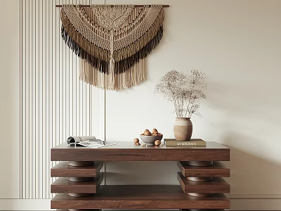 Modern Wooden Entryway Console Table with Macramé Hanging Dried Flowers Nut Bowl and Books 3d model