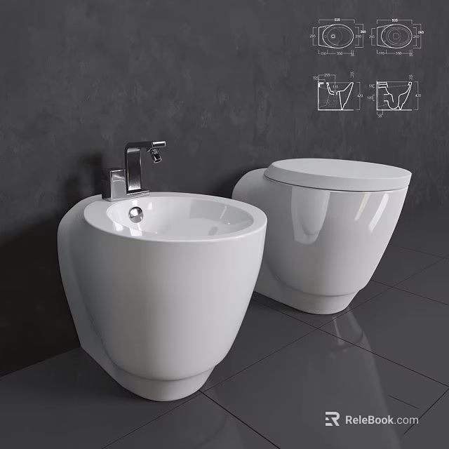 Modern White Wall Mounted Toilets In Bathroom With Gray Wall And Dark Tiled Floor 3d model 
