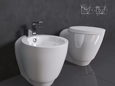 Modern White Wall Mounted Toilets In Bathroom With Gray Wall And Dark Tiled Floor 3d model