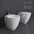 Modern White Wall Mounted Toilets In Bathroom With Gray Wall And Dark Tiled Floor