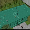 Park Landscape Featuring Multi functional Sports Court Green Surface Football Goals Basketball Hoop Trees And Benches