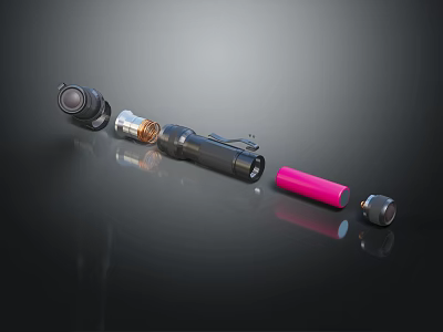 High Quality Portable Flashlight Equipment With Pink Battery Black Body And Accessories 3d model