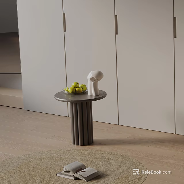 Round Dark Side Table With Green Fruits And White Sculpture In Modern Interior 3d model 