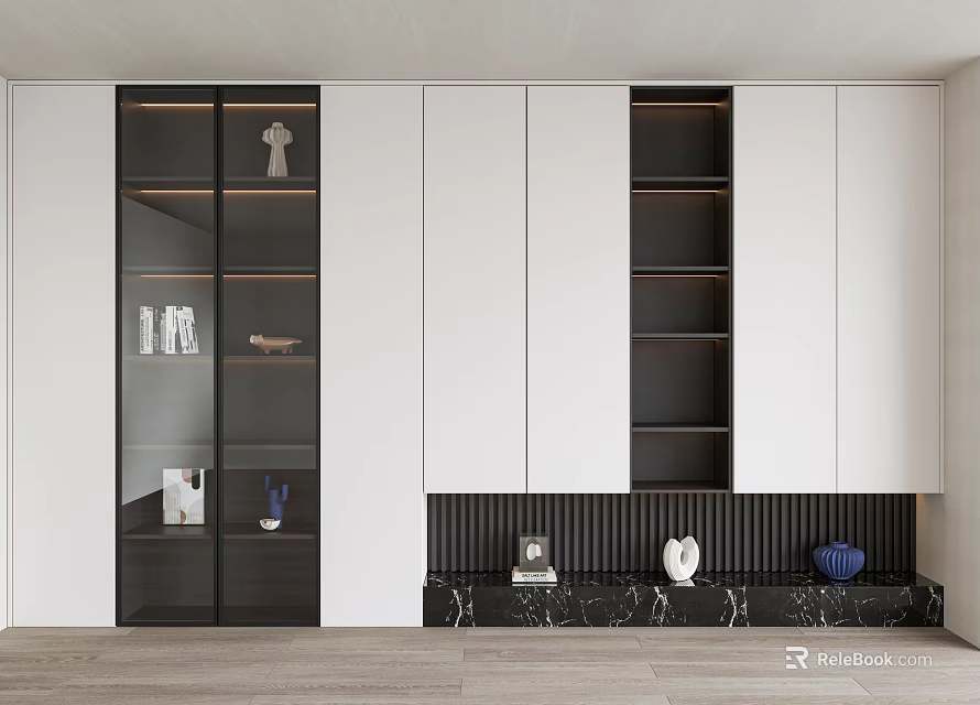 Modern White And Black Bookcase With Cabinet Doors Open Shelves Marble Base And Decorative Items 3d model 