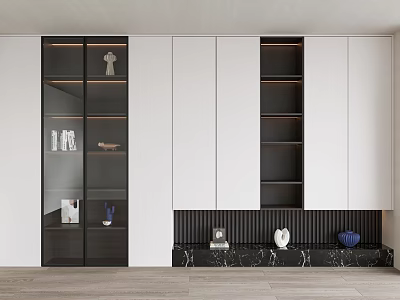 Modern White And Black Bookcase With Cabinet Doors Open Shelves Marble Base And Decorative Items 3d model