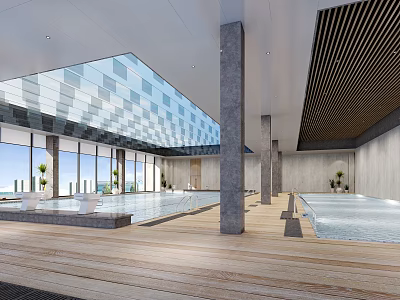 Modern Indoor Swimming Pool Interior With Glass Ceiling Wooden Flooring And Large Windows 3d model